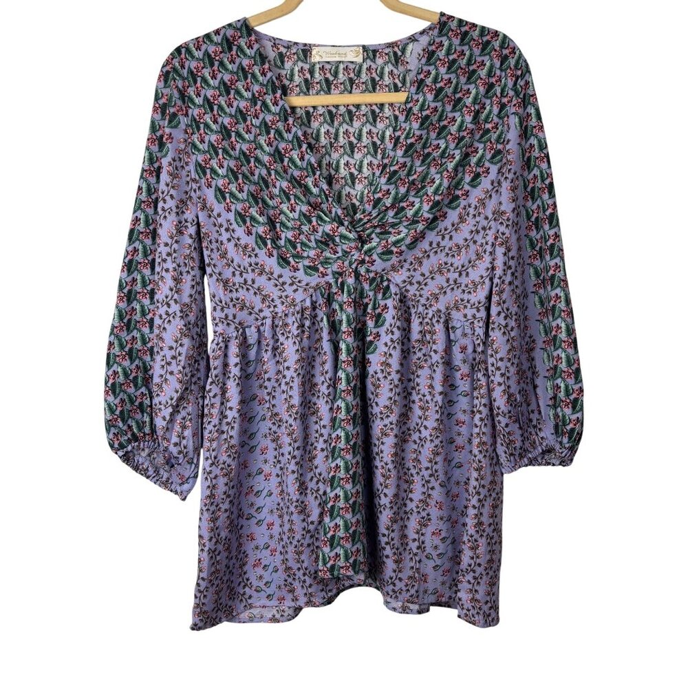 Suzanne Betro Weekend S Floral Print Tunic Top Boho Retro 3/4 Sleeves V-Neck